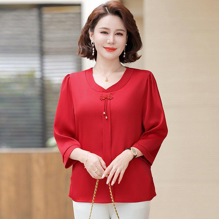 Elegant Women's Seven-Sleeve Light T-Shirt for Middle-Aged and Elderly Ladies
