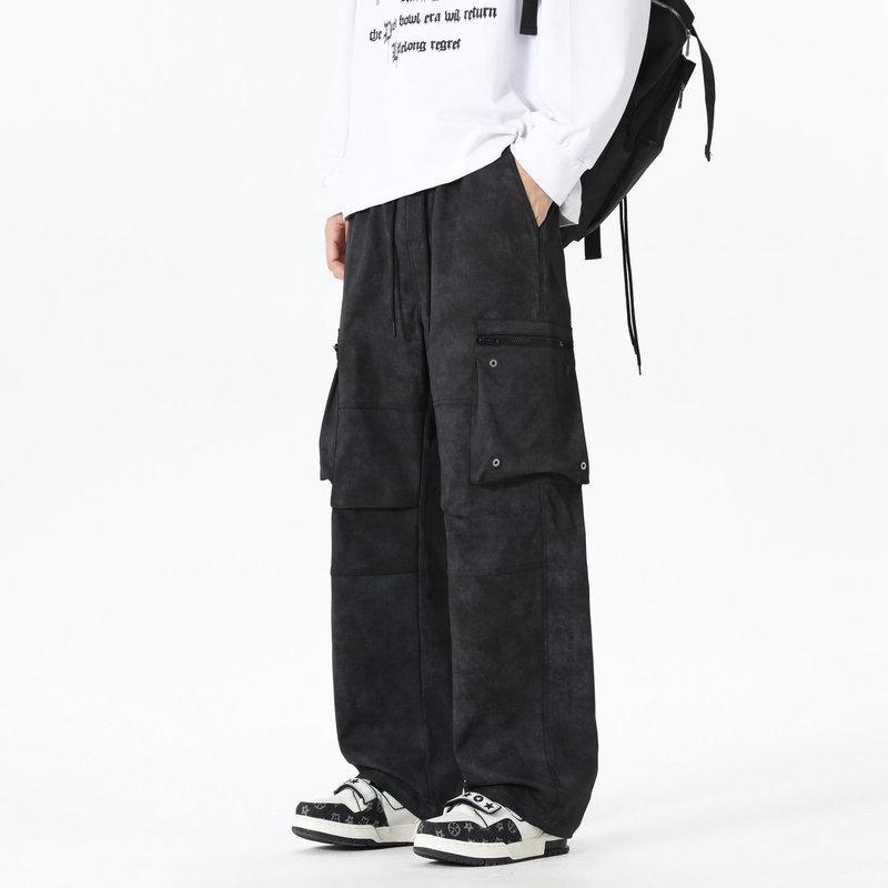 Men's Elastic High-waist Pocket Fashionable and Versatile Casual Workwear Wide-leg Spring and Autumn Trousers