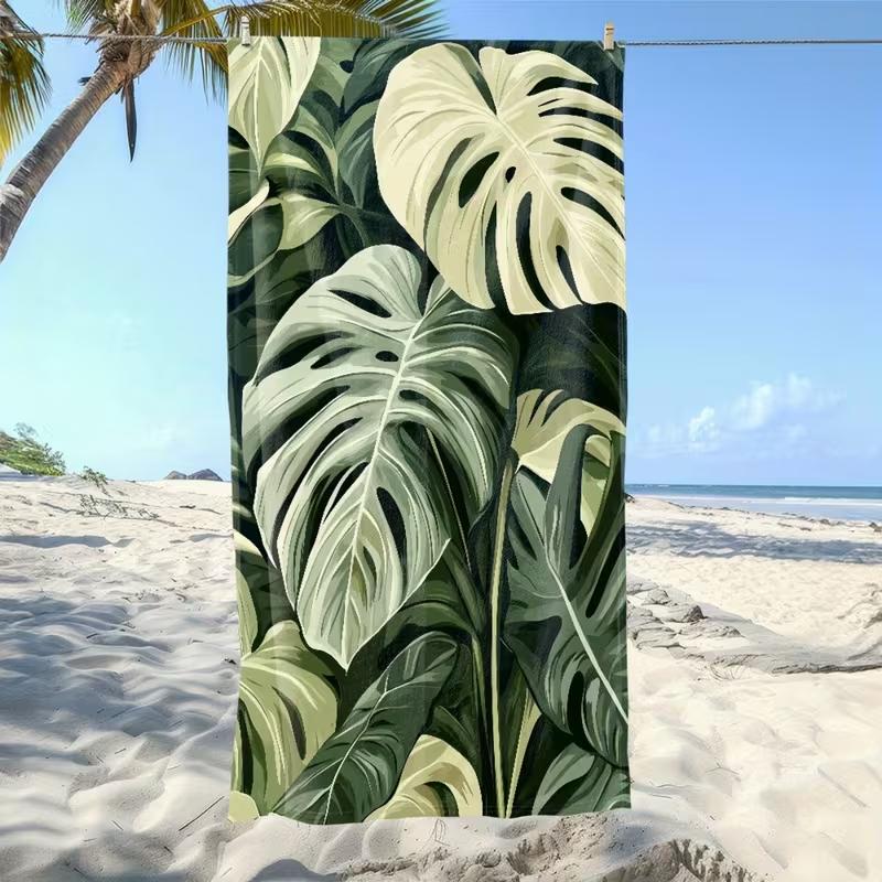 Boho Pink Monstera Leaf Beach Towel Minimalist Tropical Line Art Print Quick Dry Sandproof Absorbent Towel for Beach Vacation