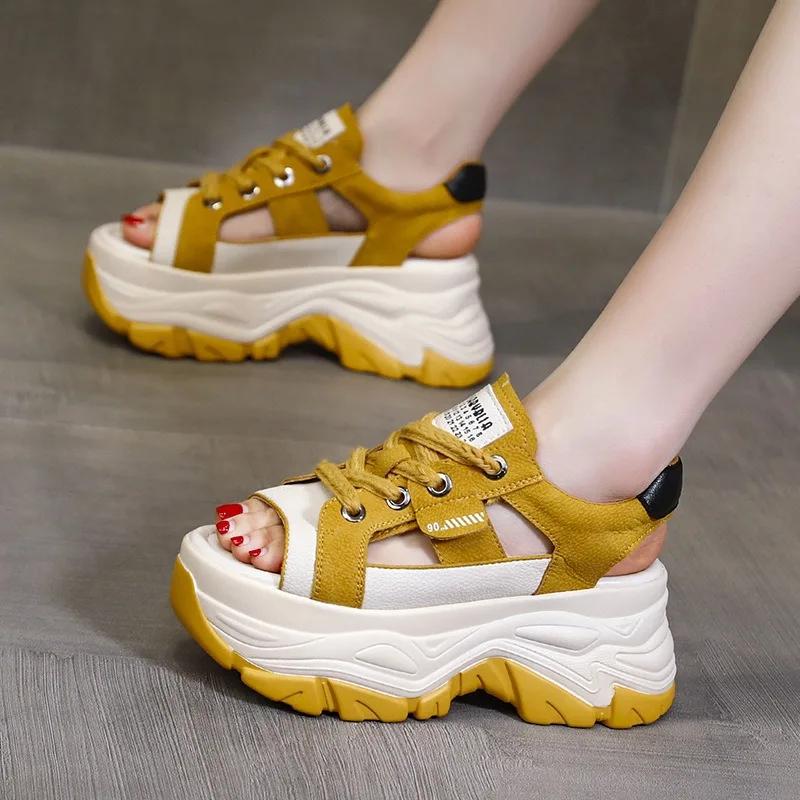8cm Genuine Leathe Slippers Lace Up Hollow Multicolor Peep Toe Sandals Platform Wedge Ladies Women Summer White Slides Shoes
