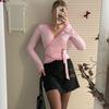 Casual Lace T-Shirts Women 2026 Summer V-Neck Sexy Slim Flare Long Sleeve Lace Up T-Shirt Female Commuting Fashion Tops Tee