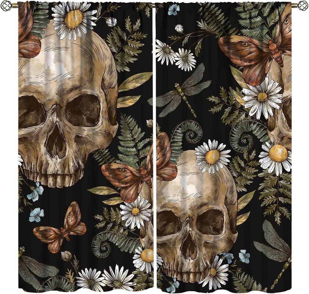 Vintage Skull Curtains Rose Flowers Wildflowers Halloween Theme Scary Curtain Bedroom Living Room Home With Rod Pocket Polyester Ideal For Sitting