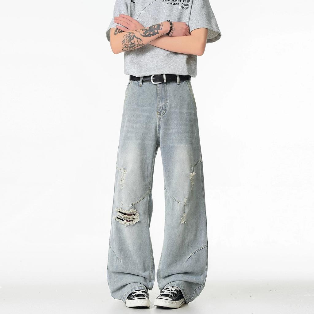 American retro ruffian handsome old ripped jeans men's and women's new high street loose straight wide-leg trousers