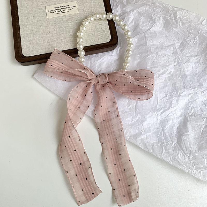 New pearl necklace floral long headband small silk scarf women's spring and summer thin collarbone chain streamer bag decorative scarf