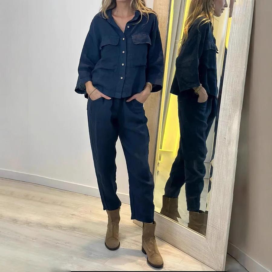 Summer New Women's Two-piece Shirt Set High-waisted Loose Nine-inch Pants