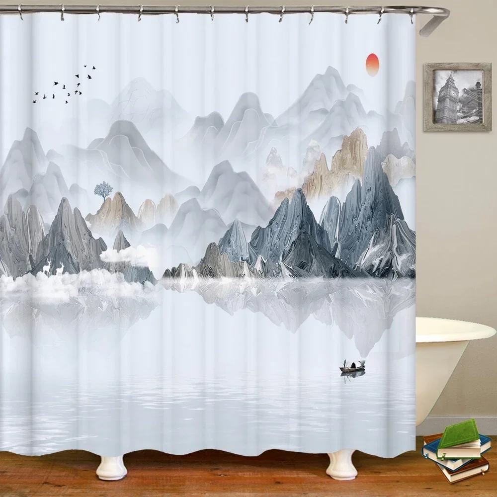 Elegant Chinese Landscape Print Waterproof Shower Curtain - Stylish,Durable &Easy-Care Choice for Multiple Bathroom Décor Themes