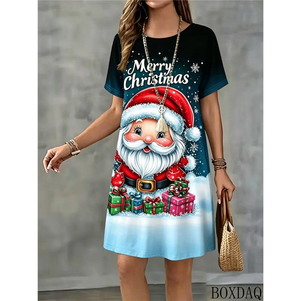 New Santa Claus Pattern Printed Women's Dress For Summer Christmas Casual Round Neck Short Sleeved Loose Pullover Dresses