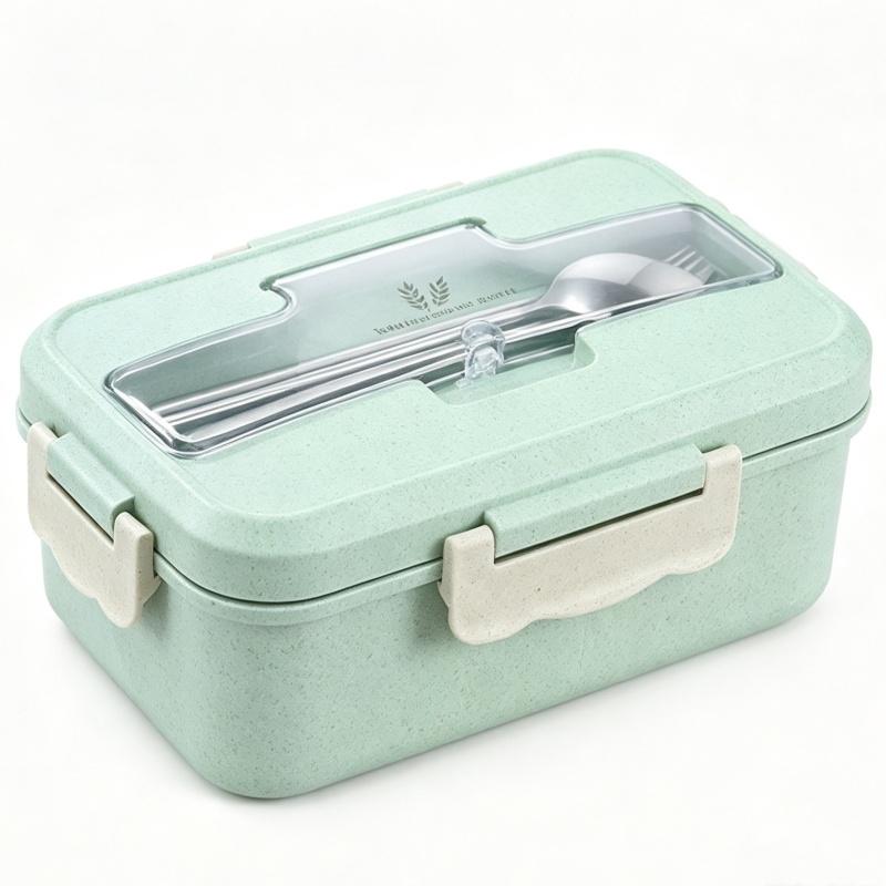 Wheat Straw Lunch Box Microwave‑Safe Portable Bento Box with Tableware Food Storage Container for Kids School Office