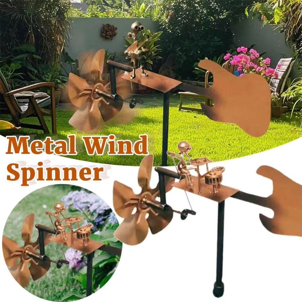 Funny Percussionist Figurine Metal Wind Spinner Rockin Art Figurine  Garden Courtyard