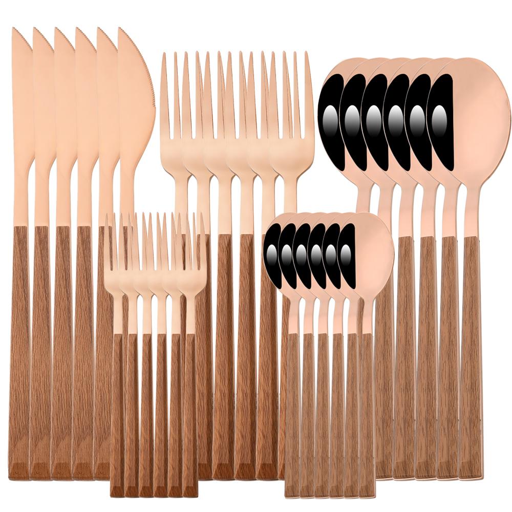 30Pcs Wood Handle Silver Dinnerware Steak Knife Fork Spoons Cutlery Set Stainless Steel Marble Flatware Kitchen Tableware Set
