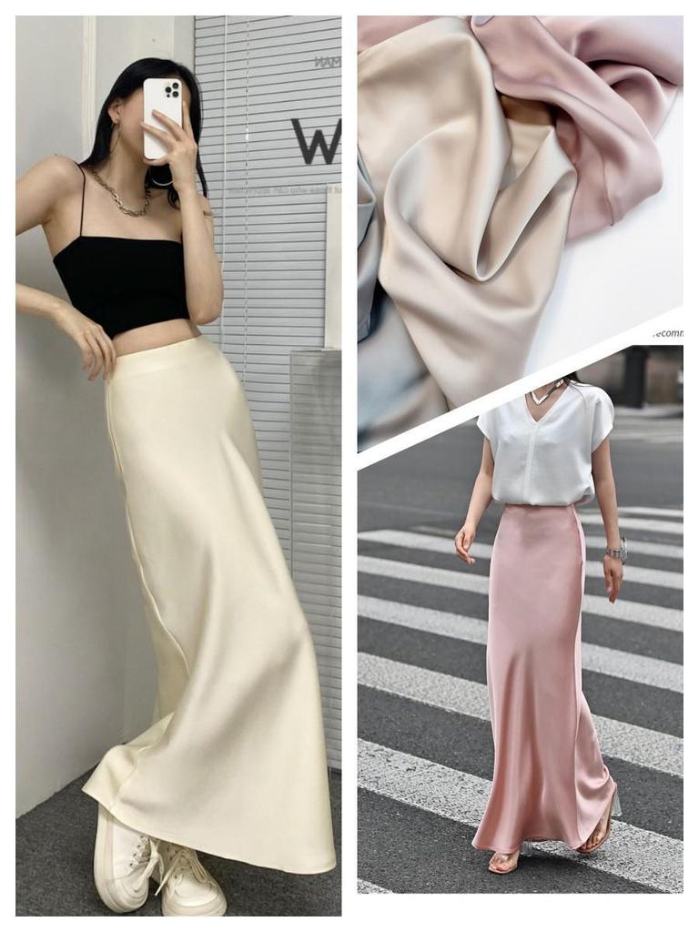 Satin Drape Elastic Waist Midi Skirt - Women's High Waist A-Line for Spring/Summer