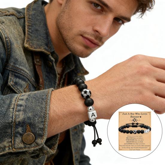 Football Bracelet for Men Black Matte Beads Bracelet A-Z Letter Adjustable Bracelet with Card Gift for Football
