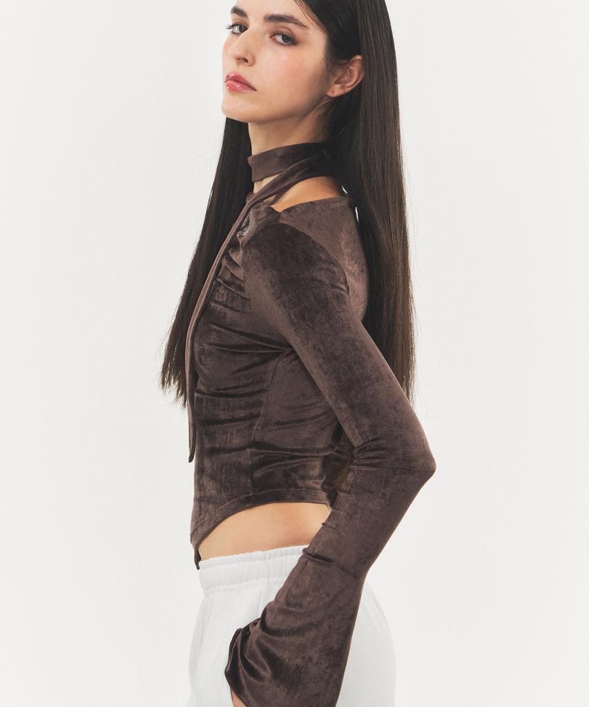 RAWMANTICS Shine Velvet Drape Cubic Scarf Top Brown