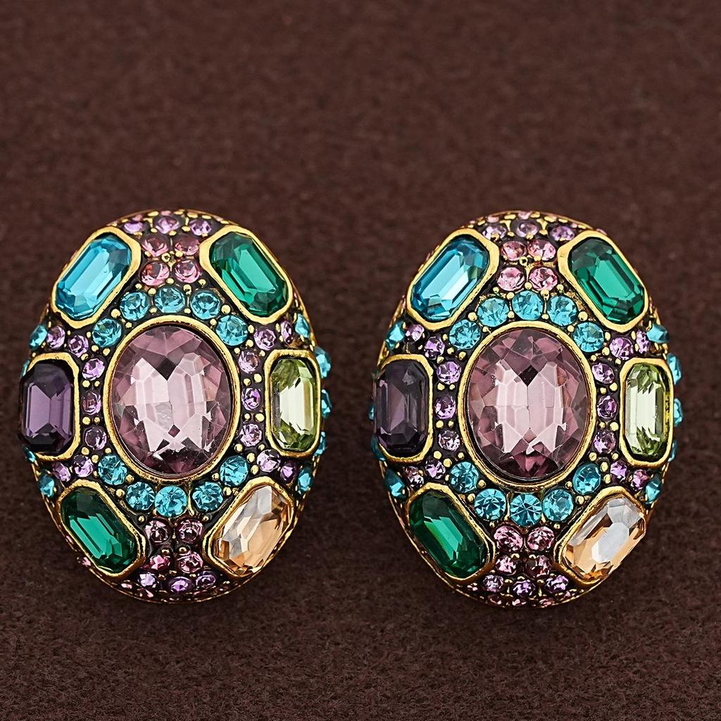 Vintage European Colorful Gem Micro-Inlaid Stud Earrings: Luxurious, Artisan-Crafted Earrings for Evening Parties