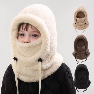 Kids Winter Sports Balaclava 3-in-1 Fleece Face Mask Hat Neck INS Solid Color Warmer Windproof Furry Hats for Skiing Cycling