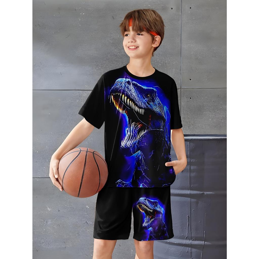 Boys' Dinosaur 3D Print Casual Outfit Set Sleeve Shorts, Vibrant Designs, Lightweight