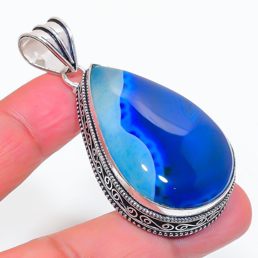 

Подвеска из натурального голубого кружевного агата из стерлингового серебра 925 пробы 2,29 дюйма J8K42