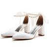 7cm Thick Heel Pointed Sandals Straps for Women's Sandals White Beaded Satin Cloth Bridal High Heels Large Size