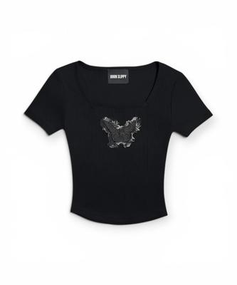 Bonseullipi Frayed Butterfly Square Neck T-Shirt (Black)