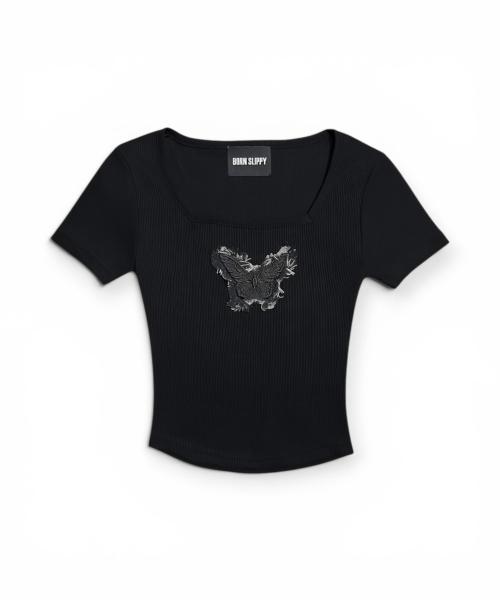 Bonseullipi Frayed Butterfly Square Neck T-Shirt (Black)
