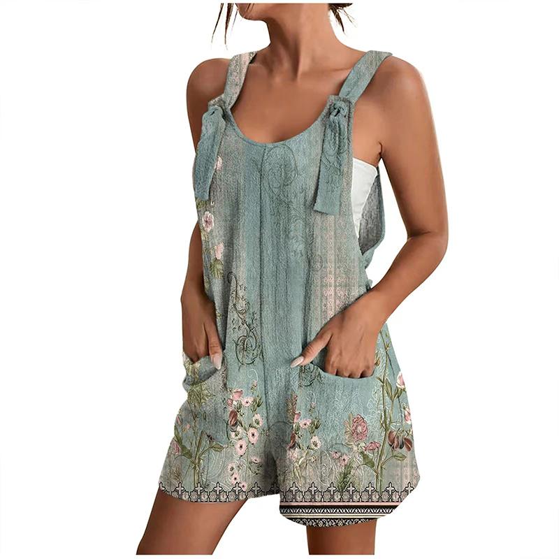 2025 Women Floral Print Sleeveless Pocket Decoration Jumpsuit Fashion Elegant Casual Loose Female Streetwear Outfits