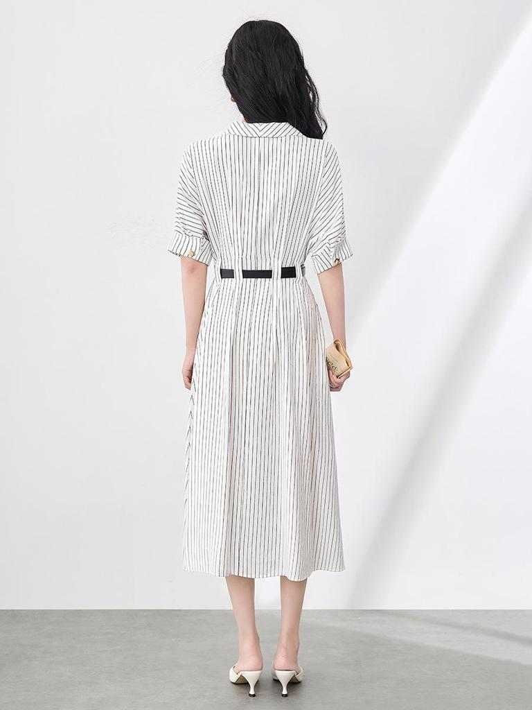 Women's Summer Striped Shirt Dress - High-End, Single-Breasted with Waist-Defining Fit