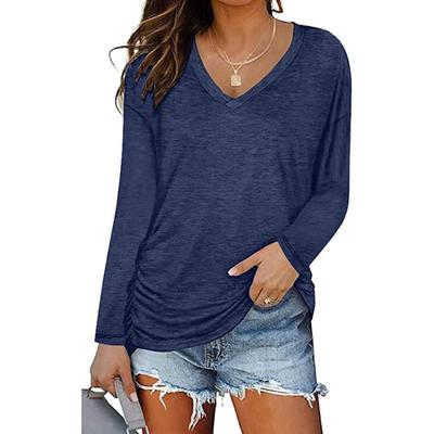 Women's V-neck Pleated Long Sleeve T-shirt Solid Color Loose Casual Top
