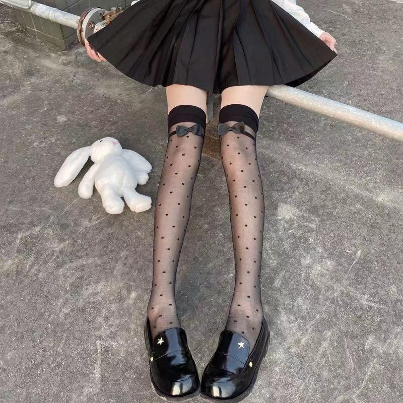 Sexy Women's Hosiery Classic Black Small Polka Dot Stay Up Thigh High Silk Stockings Hose.Ladies Bow Stockings Tights Pantyhose