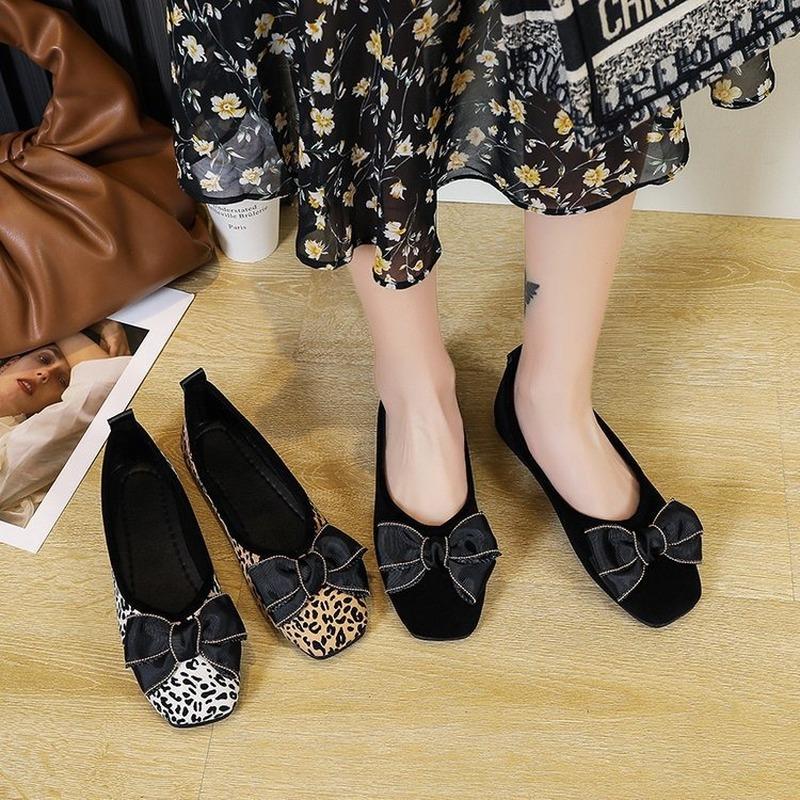 2024 Autumn New Square Toe Bow Tie Flat Casual Shoes Women Fashion Leopard Designer Soft Sole Loafers Female Slip on Lazy Shoes