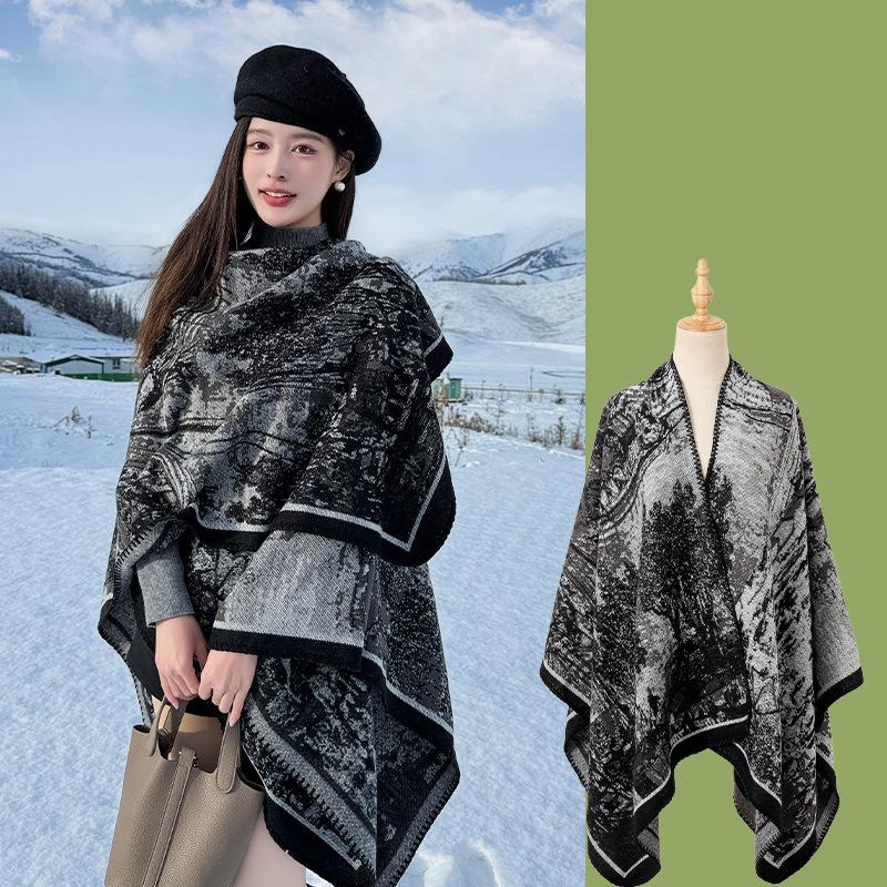 Mantella Poncho Aperta Davanti con Stampa Paesaggistica Lavorazione a Maglia Spessa Calda Coperta da Viaggio Sciarpa Avvolgente
