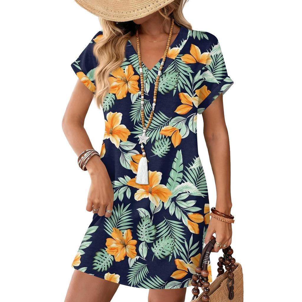 Short Sleeve Women's Dress Casual Dresses With Pockets V Neck Vocation Boho Beach Sundress