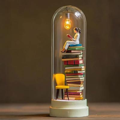 Čtení v trubce Noční světlo Miniaturní figurka čtenáře Socha Domácí kancelář Stolní LED Dekorativní lampa Ozdoba Dárky pro milovníky knih