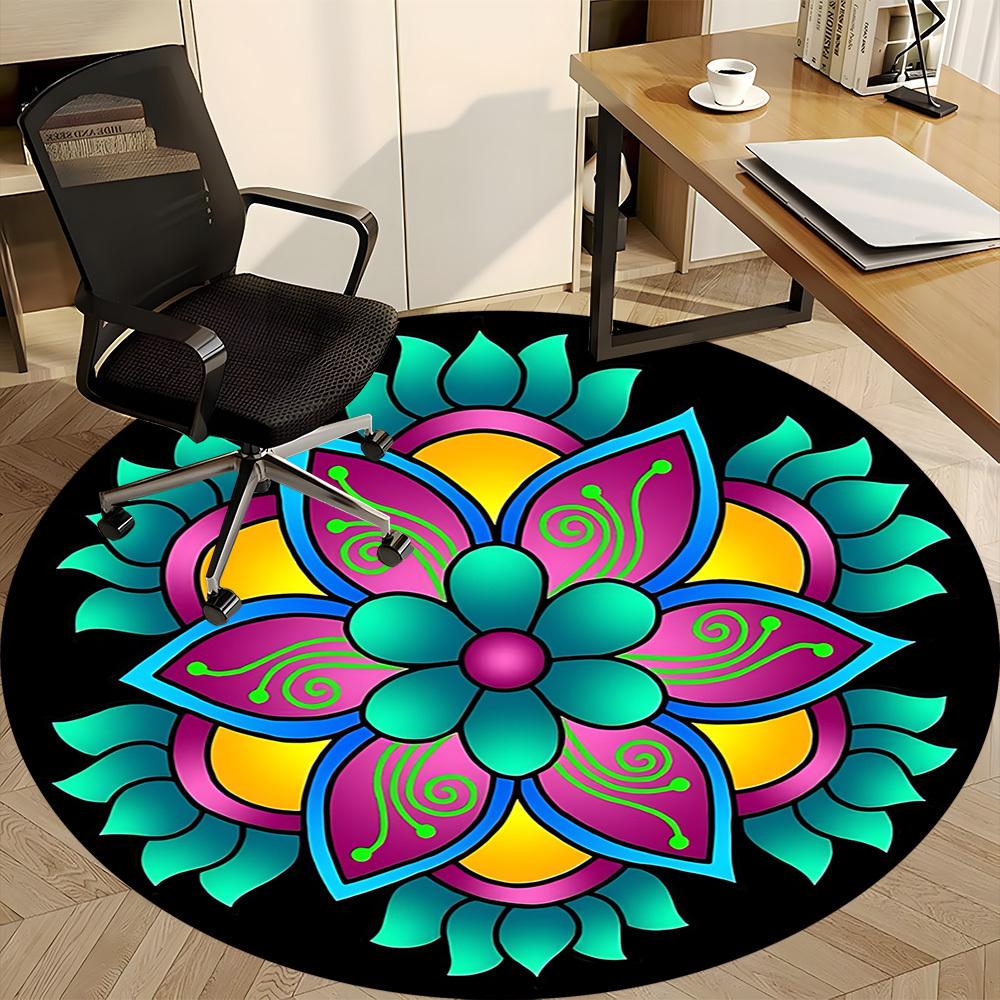 1pc Colorful Flower Mandala Chair Carpet for Office, Round Polyester Mat, Indoor Decor for Office, Easycare Fabric, Washable Non-slip Area Carpet