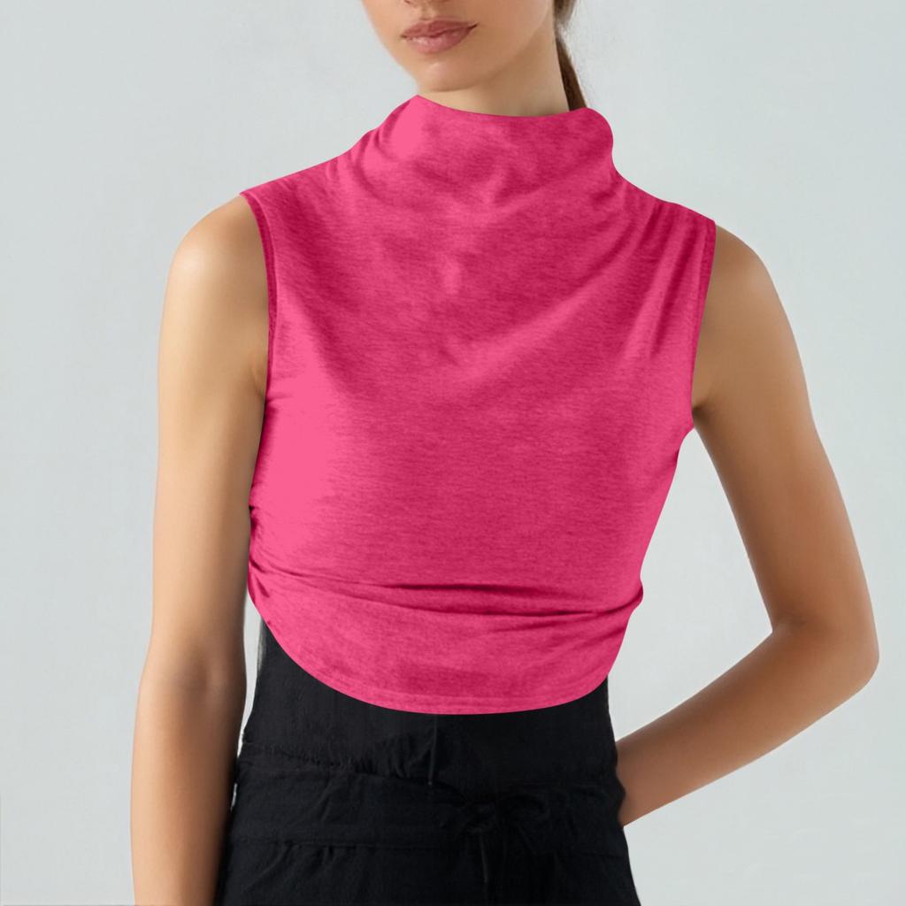 Women's Solid Color Semi-high-neck Sleeveless Vest Pleated  Top T-shirt