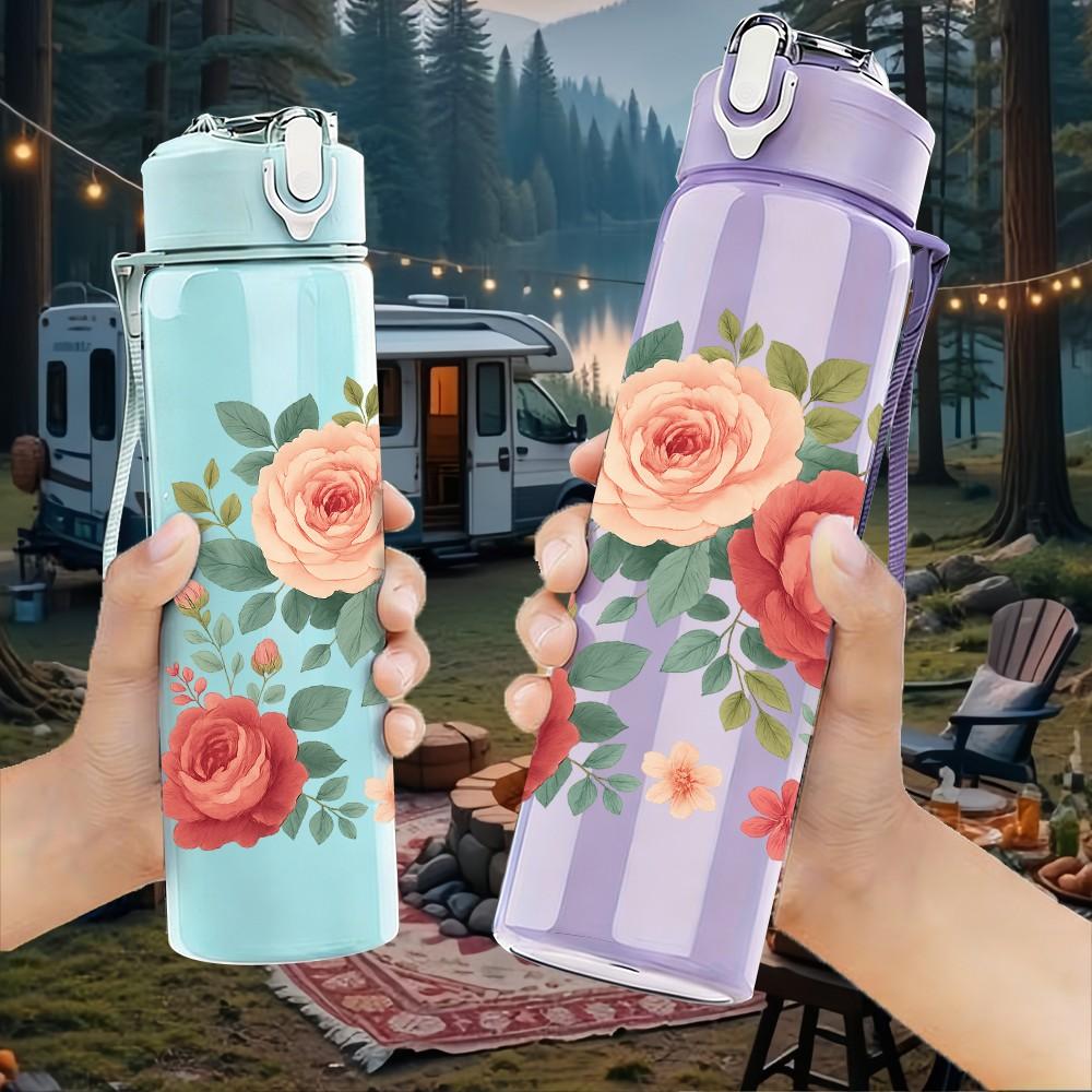 1PC Red Rose Floral Bouquet Art 750ml Color Plastic Sports Water Bottle Leakproof Flip Straw Lid Suitable for Sports Office Home Use