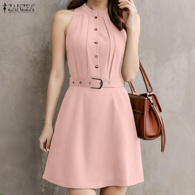 ZANZEA Women Summer Round Neck Casual Sleeveless Short Dress