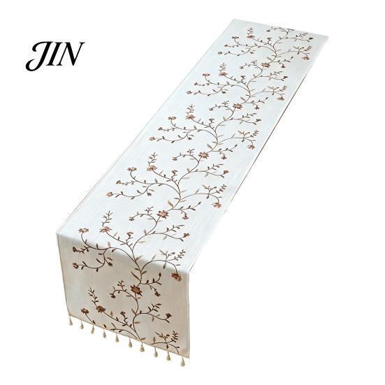 Floral Embroidery Table Runner Embroidered Runner, Elegant Dining Cover, White Rustic Durable for with Tassels Home Wedding Bridal Shower Decor