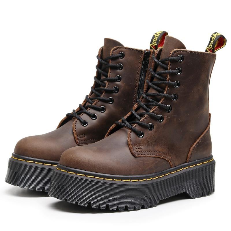First layer thick bottom hole locomotive boots women, side zipper short boots leather muffin bottom tooling