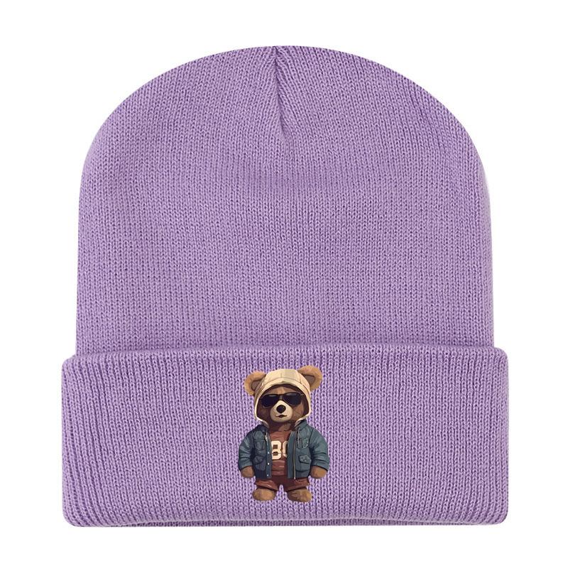 European and American New Autumn and Winter Hats, Women's Bear Printed Knitted Hats, Sleeves, Outdoor Warm Wool Hats, Men