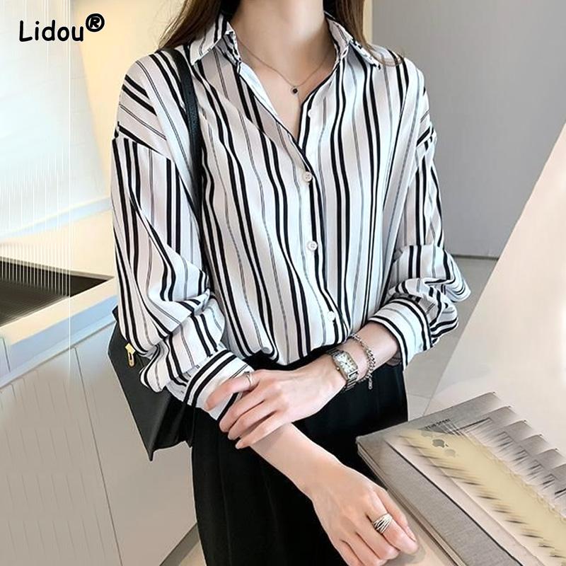 

High Quality Striped Polo-Neck Single Breasted Women s Clothing Spring Summer Casual Chiffon Spliced French Long Sleeved Shirts S білий