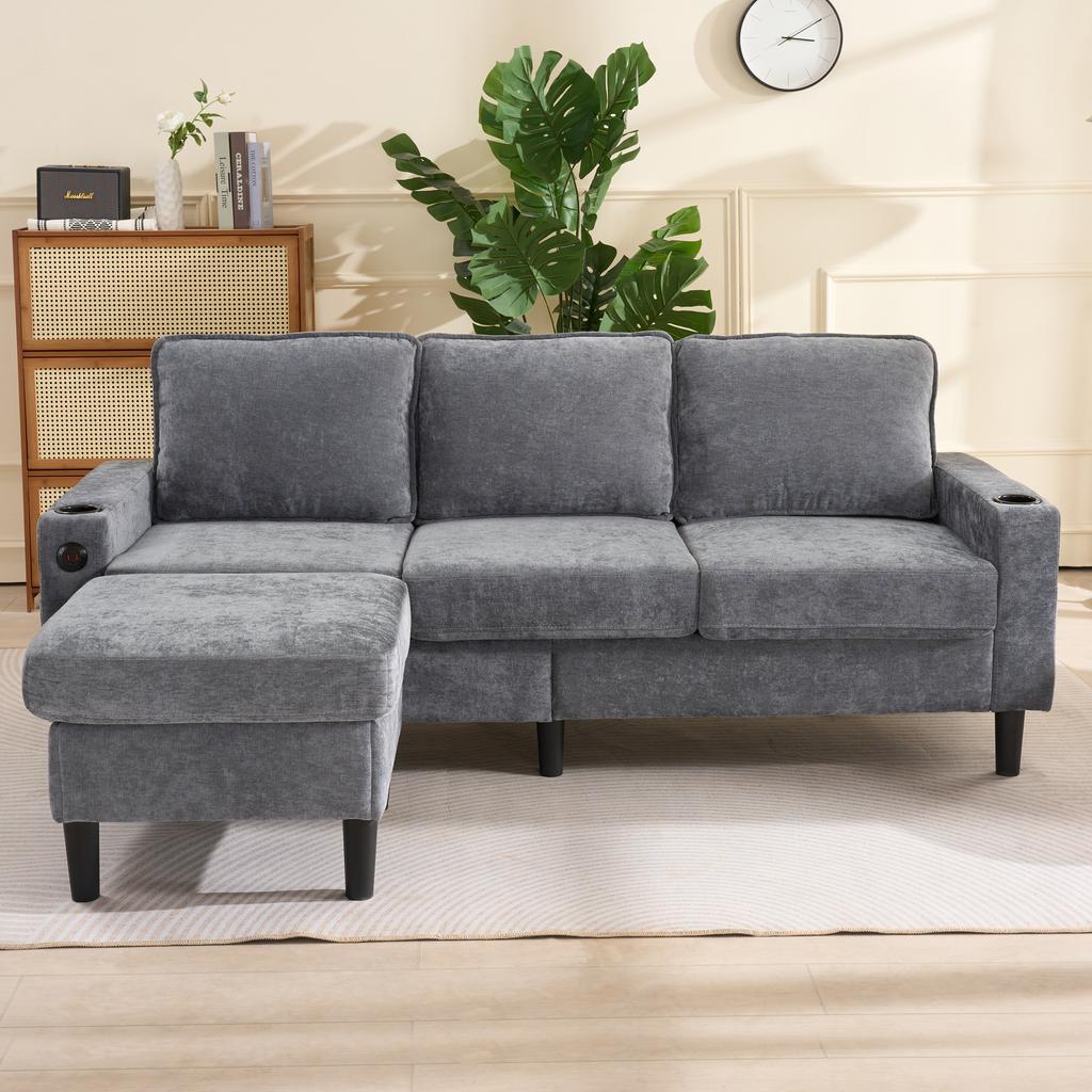 Upholstered sofa with USB and Type-C ports, 3-seater with two cup holders for living room, lounge and bedroom – L-shaped sofa bed, Grey, Linen