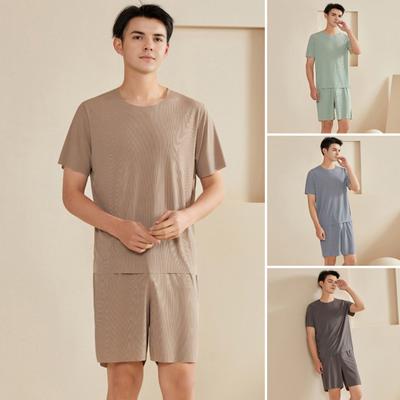 2 szt./zestaw Męski zestaw piżamowy Okrągły dekolt Krótki rękaw T-shirt Elastyczny pas Krótkie spodenki Zestaw Jednolity