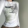2025 Slimming Y2K Retro Print Long Sleeve Women’s Round Neck Slim Fit Trendy Streetwear Top