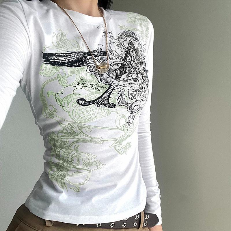 2025 Slimming Y2K Retro Print Long Sleeve Women’s Round Neck Slim Fit Trendy Streetwear Top