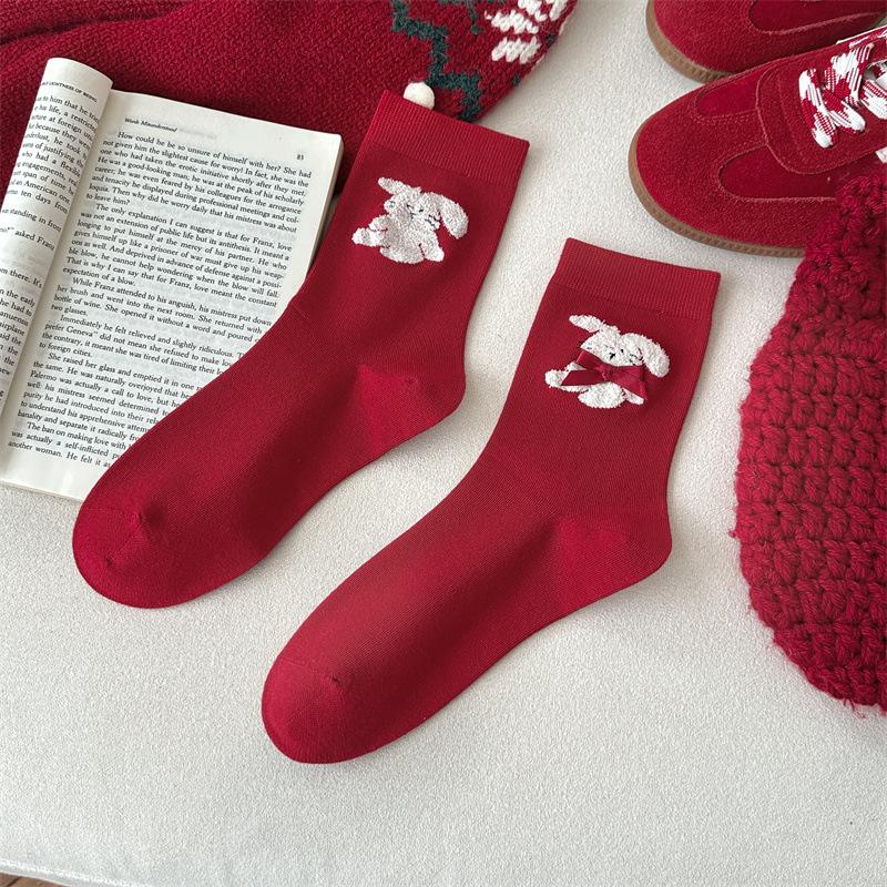 Little Bear Red Cartoon Socks, Women's Autumn and Winter Pure Cotton Mid-calf Socks, Heart-shaped Little Dog Polka Dot Striped Socks