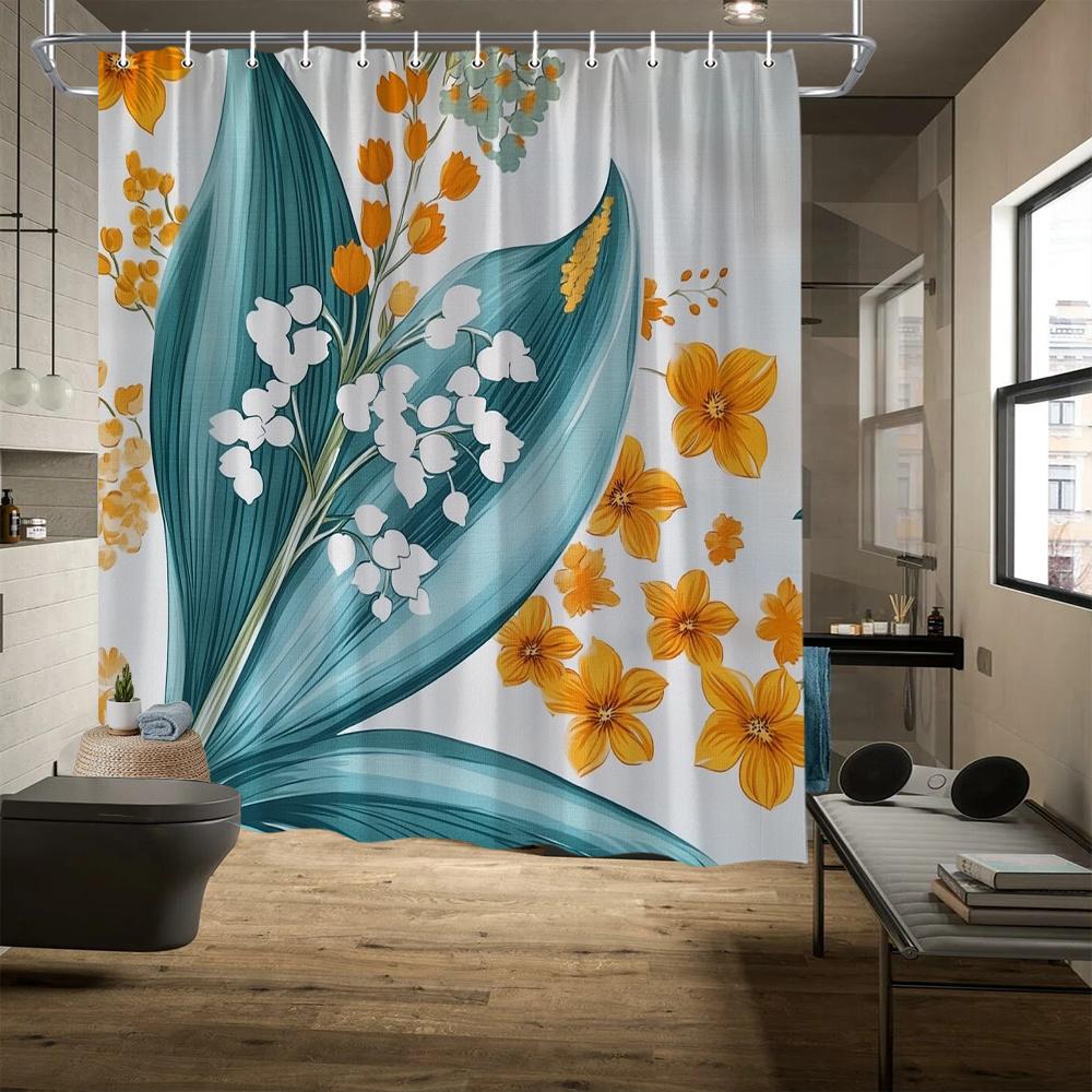 Vintage Floral Shower Curtain - Teal Green Leaves, Vibrant Orange Flowers, Fade-Resistant, Machine Washable