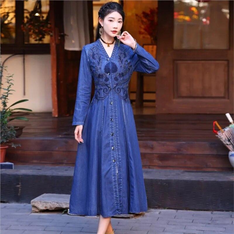 Johnature Woman Spring Chinese Style Long Sleeves Vintage Single Breasted Dress Cotton Embroidery V-Neck Dress