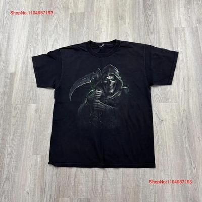 Vintage Grim Reaper Skull T Shirt Mens Large Black Y2k Goth Cyber Grunge Skeleton Vintage Washed Soft Top For Everyday Wear