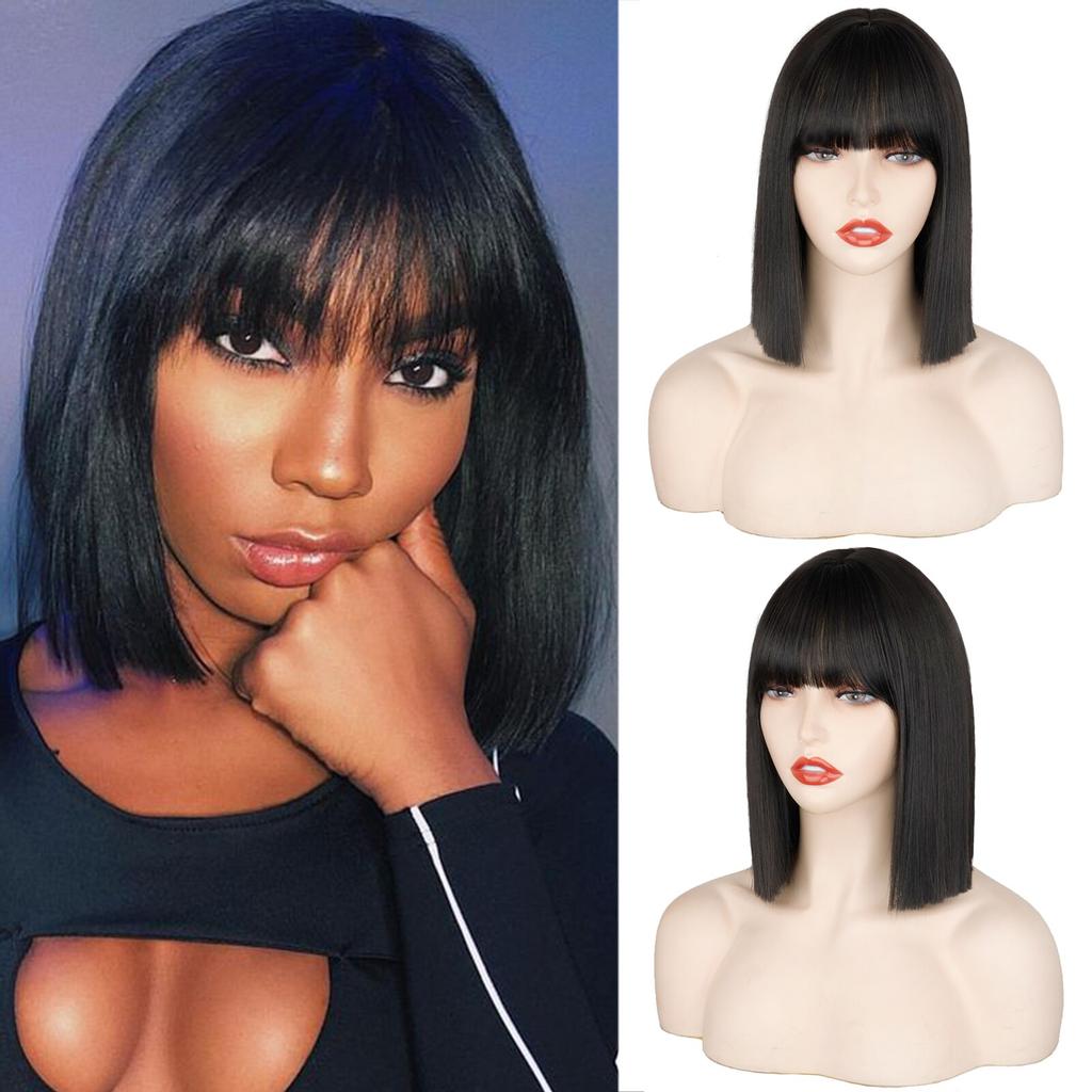 XINRAN Short Bob Wig with Bangs for Women Synthetic Bob Wigs Black Pink Ombre Wig for Party Daily Use Shoulder Length