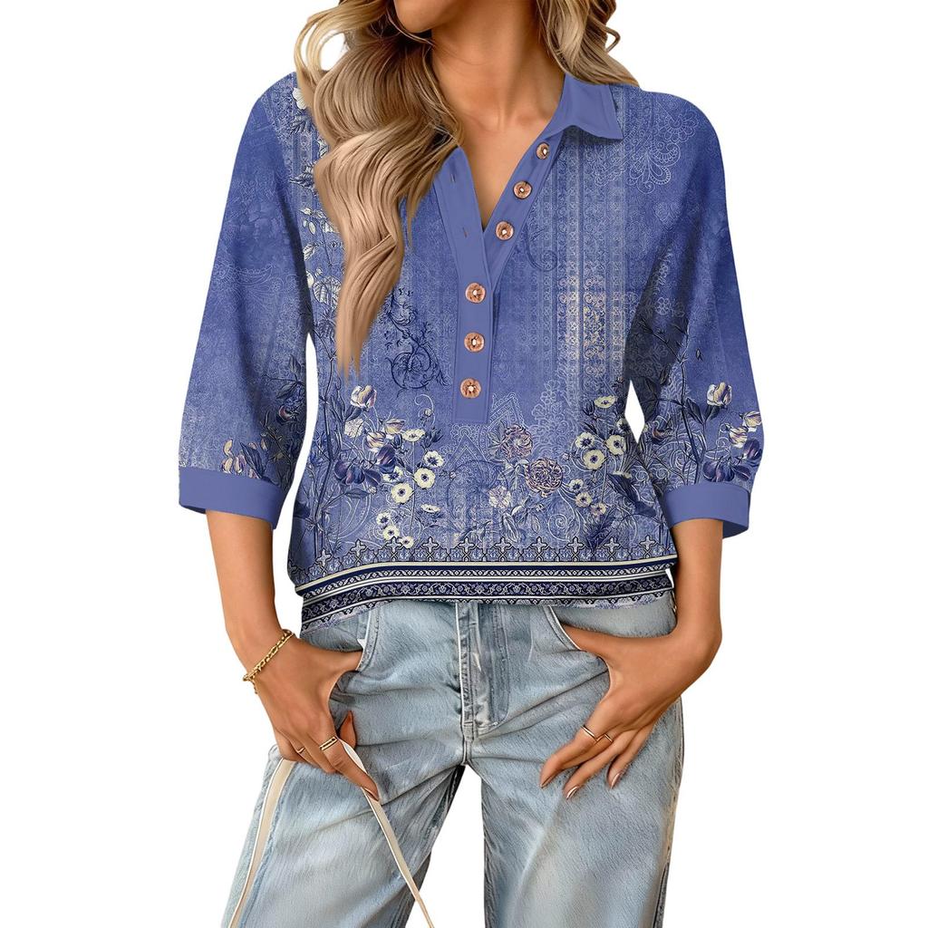 Damen modisches und lässiges Sommer V-Ausschnitt Patchwork Dreiviertelarm Retro Oberteil